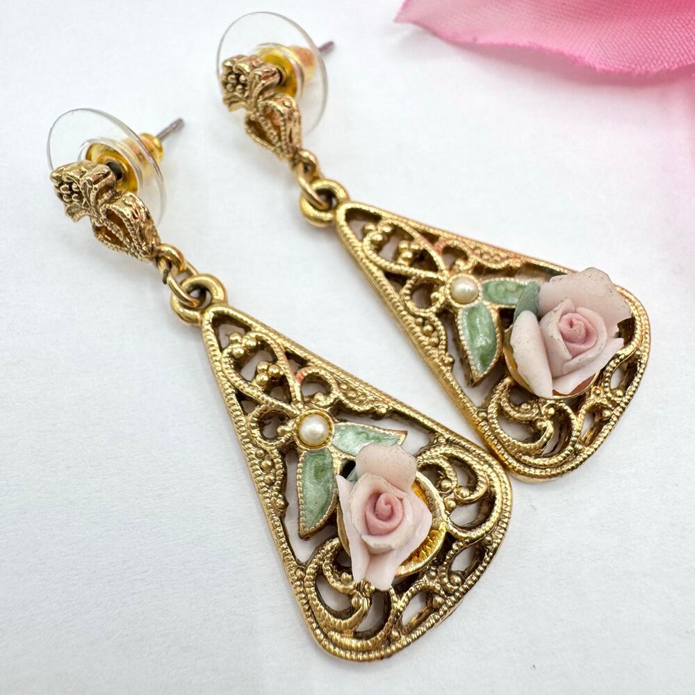 Vintage 1928 Bisque Ceramic Rose Filigree Drop Earrings Romantic Feminine Pretty